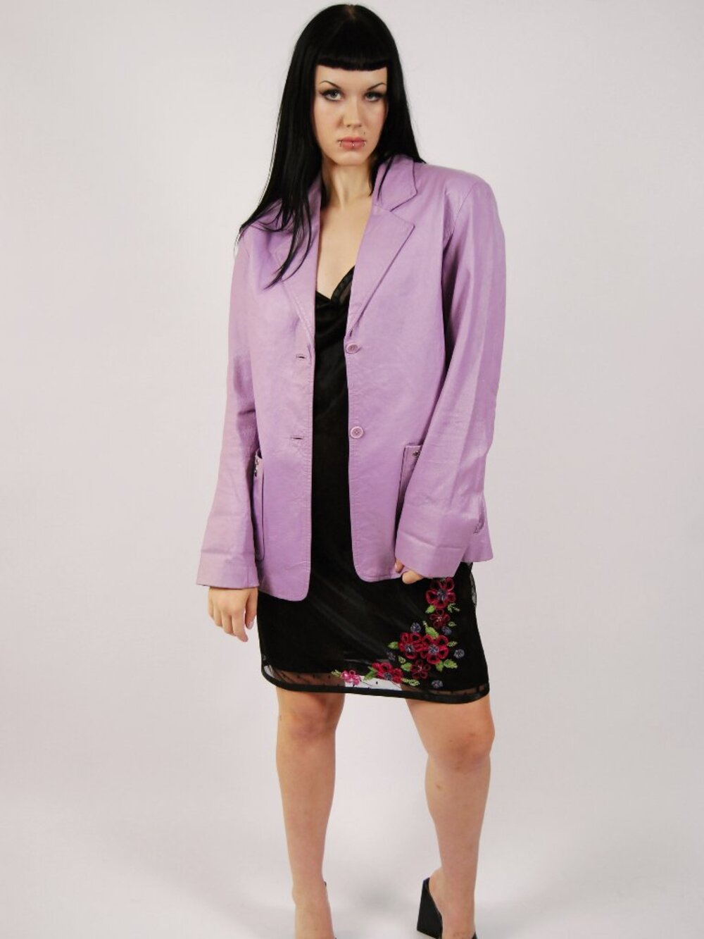 Y2K Purple Leather Jacket (L) large vintage womens lavender pastel funky diva